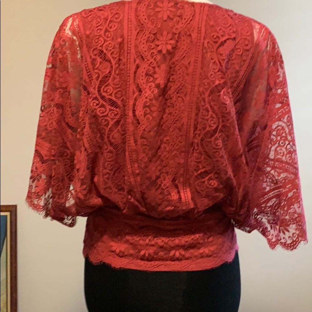 Beyond Vintage Mixed Floral & Geometric Lace Faux Wrap Fully Lined Cap Sleeve  S - Picture 6 of 16